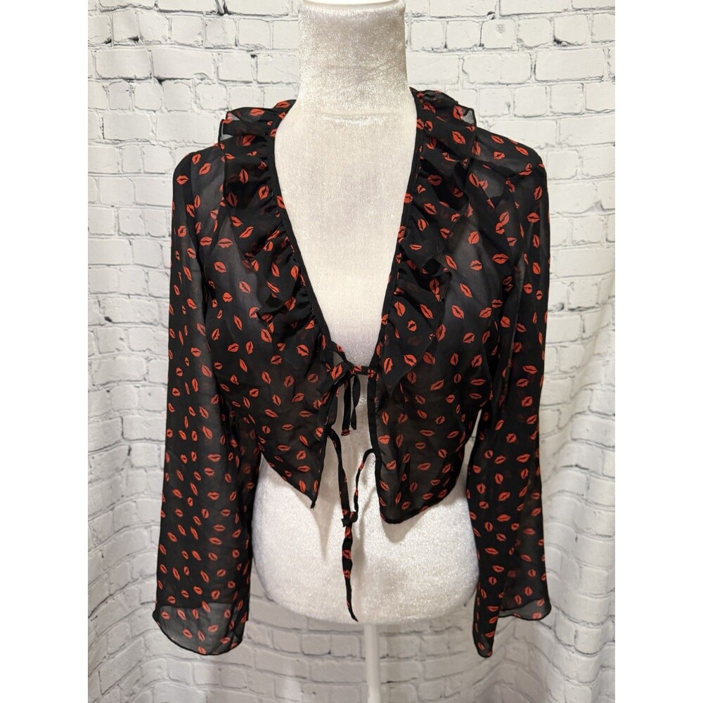 Miss Selfridge ASOS sheer black blouse red lip print ruffled trim tie front 8